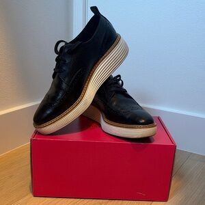 Cole Haan Black Leather Platform Derby Shoes with White Ribbed Sole